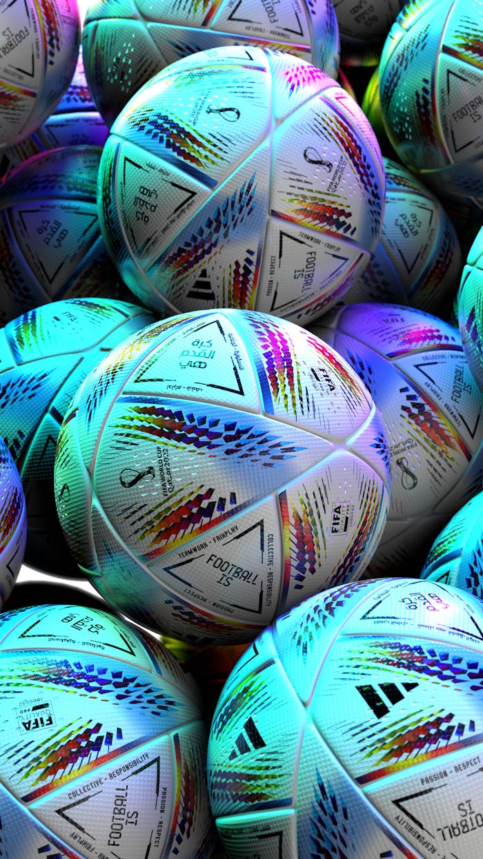 Services Eye-catching display of vibrant FIFA World Cup soccer balls, highlighting sports equipment details.