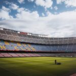 Home A vibrant football stadium with a well-maintained grass field under a bright sky, showcasing its iconic architecture.